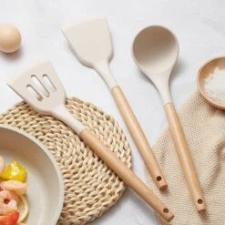 Kitchen Utensils Set, 33 Pcs Non-Stick Silicone Cooking Utensils Set, Heat-Resistant Silicone, Wooden Utensils For Cooking, Kitchen Gadgets Spatula Set, Apartment Essentials Kitchen Set (Khaki) -Peugeot Shop 61mMyfYK9JL