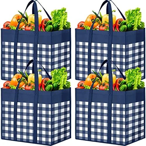 WOWBOX Reusable Grocery Bags,4-Pack, Foldable Reusable Shopping Tote Bags Bulk With Reinforced Handles,Large Storage Bags With Water Resistant Coating For Groceries,Multipurpose,Black-White 4 WOWBOX Reusable Grocery Bags,4-Pack, Foldable Reusable Shopping Tote Bags Bulk With Reinforced Handles,Large Storage Bags With Water Resistant Coating For Groceries,Multipurpose,Black-White - Image 4