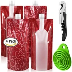Foldable Wine Bag, 750 Ml, Portable Reusable Plastic Wine Bottle Pouch, SENHAI 4 Pack Collapsible Liquid Leak Proof Flask Holder For Wine Liquor Beverages, Travel, Gift - Red