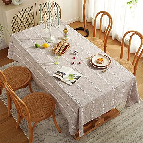 60 X 120 Inches Farmhouse Style Linen Tablecloths, Wrinkle Resistant Washable Dining Room Table Cloths For 8 Foot Rectangle Tables - Light Coffee 3 60 X 120 Inches Farmhouse Style Linen Tablecloths, Wrinkle Resistant Washable Dining Room Table Cloths For 8 Foot Rectangle Tables - Light Coffee - Image 3