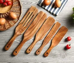 Wooden Cooking Utensils, NAYAHOSE 5 Pcs Natural Teak Kitchen Utensil Set Heat Resistant Non Stick Wood Cookware With Hanging Hole, Slotted Spurtle Spatula Sets For Stirring, Mixing, Serving -Peugeot Shop 61vCv8PkTyL