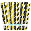 The Box Papers Bee Theme Striped And Polka Dot Paper Straws 7.75 Inches 100 Pack Black, Yellow, White