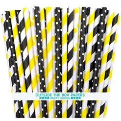 The Box Papers Bee Theme Striped And Polka Dot Paper Straws 7.75 Inches 100 Pack Black, Yellow, White