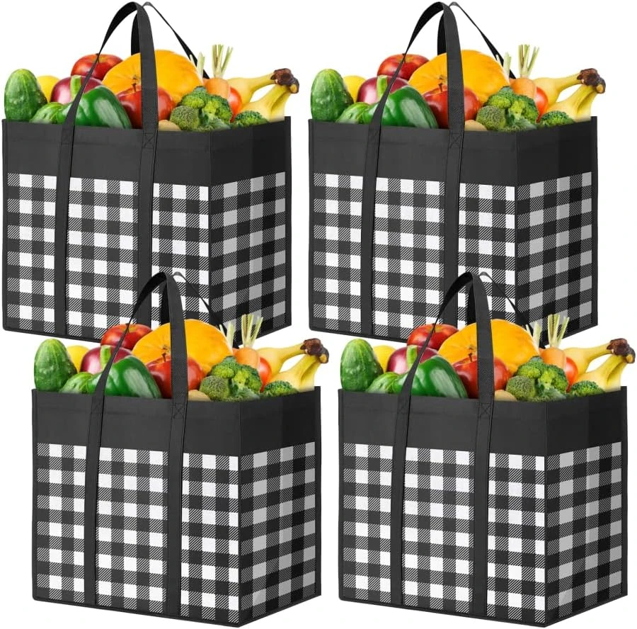 WOWBOX Reusable Grocery Bags,4-Pack, Foldable Reusable Shopping Tote Bags Bulk With Reinforced Handles,Large Storage Bags With Water Resistant Coating For Groceries,Multipurpose,Black-White 9 WOWBOX Reusable Grocery Bags,4-Pack, Foldable Reusable Shopping Tote Bags Bulk With Reinforced Handles,Large Storage Bags With Water Resistant Coating For Groceries,Multipurpose,Black-White - Image 9