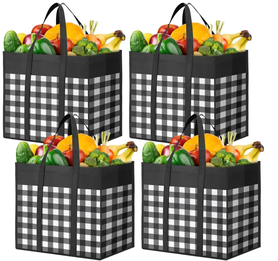 WOWBOX Reusable Grocery Bags,4-Pack, Foldable Reusable Shopping Tote Bags Bulk With Reinforced Handles,Large Storage Bags With Water Resistant Coating For Groceries,Multipurpose,Black-White 1 WOWBOX Reusable Grocery Bags,4-Pack, Foldable Reusable Shopping Tote Bags Bulk With Reinforced Handles,Large Storage Bags With Water Resistant Coating For Groceries,Multipurpose,Black-White